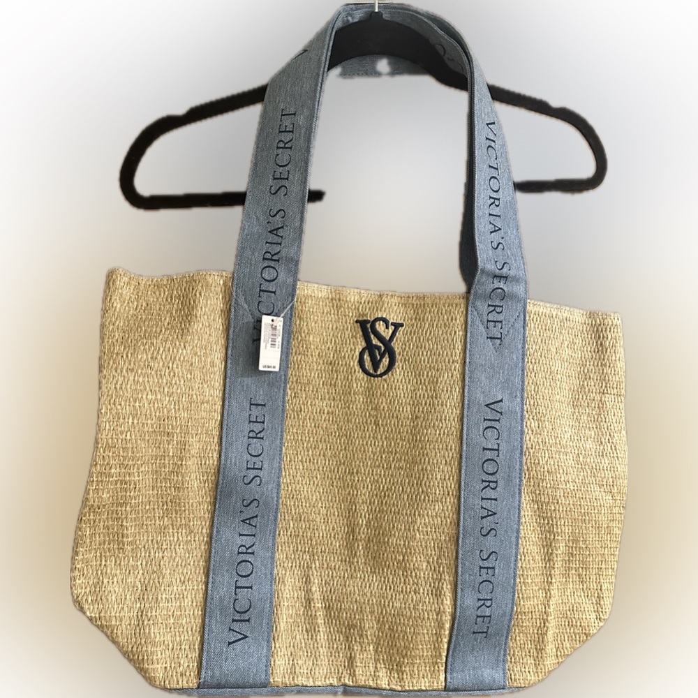 Victoria's Secret Denim and Straw Tote Bag NWT